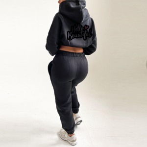 Nuevo y elegante logotipo personalizado de talla grande transpirable 100% algodón chándal Crop Tops sudaderas con capucha Jogging chándal conjunto de 2 piezas para mujer - Product Image 4