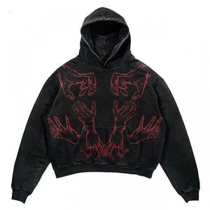 Wholesale Black Regular Fit <b>Gothic</b> <b>Hoodie</b> Red Distressed Pullover Sweatshirt Heavyweight Streetwear Casual Hooded 100% Men's - Product Image 1