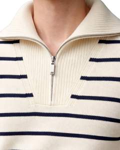 Suéter de Punto con Cierre de Cremallera de un Cuarto para Hombre, Color Blanco con Rayas Azul Marino, Cuello Acanalado, Cálido, Informal, para Invierno, OEM Personalizado - Product Image 4