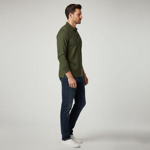 Camisa Clásica Verde Oliva de Manga Corta, Transpirable, 100% Algodón de Alta Calidad, Tejido Piqué, Estilo Casual Elegante para Otoño e Invierno - Product Image 3