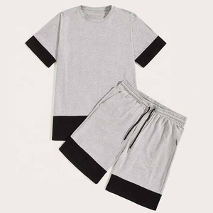 Ensemble deux pièces pour homme, t-shirt à manches courtes gris bicolore et short, coupe ample, bordure contrastée, vêtements décontractés, jersey en coton - Product Image 5