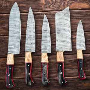 Wholesale Handmade Forged Damascus <b>Steel</b> Chef Set with Wooden Handle Restaurant Use Includes Leather Bag Meat Cutting Knives - Product Image 1