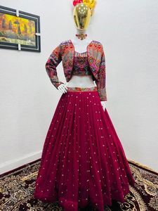 Lehenga – chemisier sans manches avec veste et tissu imitation Georgette Dupatta, tenue de soirée et de mariage - Product Image 2