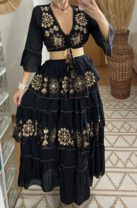 Robe de luxe dorée de fête bohème brodée à manches évasées maxi à fleurs bohème pour femmes Vacances Resort Wear Naturelle Écologique - Product Image 5