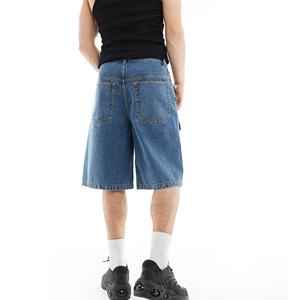 <b>Longer</b> <b>Length</b> Denim <b>Shorts</b> with Cargo Vintage Mid Blue Cotton Jeans Long <b>Shorts</b> Cargo Pockets Knee <b>Length</b> - Product Image 3