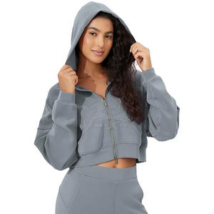 Comfortable Cotton Blend And Simple Design Cozy Zipper Crop <b>Top</b> Hoodie With <b>Long</b> <b>Sleeve</b> Design - Product Image 1