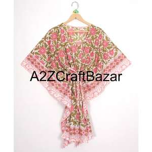 Pure Cotton Handmade Short <b>Kaftan</b> <b>Dress</b> For Women Bohemian Floral Print Beach Cover Up Summer Wear Relaxed Fit Comfort Style - Product Image 2