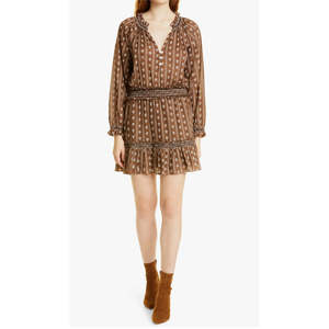 Abito in cotone Veronica Beard ODM elegante stile Boho Espie floreale a maniche lunghe color nocciola multicolore con elastico in vita, taglia XL, traspirante per il giorno - Product Image 1