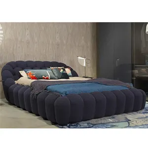 Italy luxury style designer king size microfiber fabric blue teddy velvet bubble bed bedroom furniture set