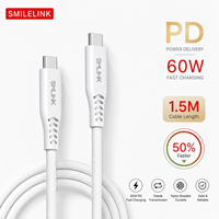 Câble de données haute vitesse Smilelink SML-C2C60W 60W 3A à charge rapide USB 2.0 Type-C vers Type-C 1,5 m en nylon tressé avec conducteurs en cuivre étamé pour USB-C