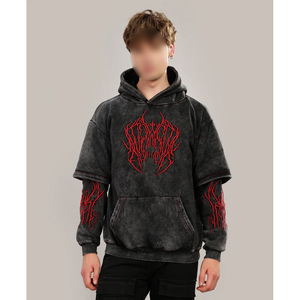 Buen proveedor Sudaderas con capucha de lavado ácido ligero transpirable ecológico Rojo Negro Color de contraste Nuevo estilo Ropa exterior Cuello con capucha - Product Image 1
