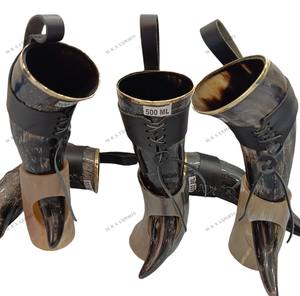 High Quality 500ml Buffalo Horn Viking <b>Mug</b> with Leather <b>Holder</b> and Stand Polished Natural Finish Best Bulk Prices - Product Image 6