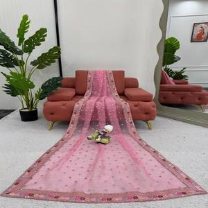 Hermoso Sari de seda de organza pesado de diseñador con trabajo de bordado de hilo y lentejuelas y blusa de seda Mono Banglori - Product Image 4