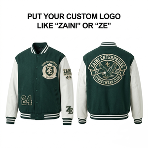 <b>Mens</b> Autumn Windproof Varsity <b>Jacket</b> Premium 450 GSM Wool Blend <b>White</b> PU Sleeves Green Panel Custom Chenille Embroidery Twill - Product Image 1