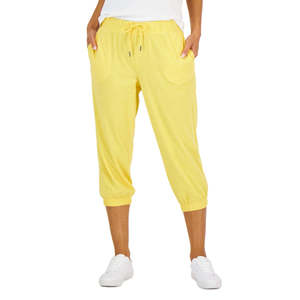 Pantaloni Capri da Donna ID Ideology Stile Retrò a Vita Alta Gialli Traspiranti a Zampa d'Elefante con Tecnica Stropicciata per l'Estate - Product Image 1