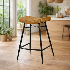 Taburete de Barra Portátil y Resistente de Estilo Vintage con Asiento de Cuero Genuino y Hierro para Cocina, Bar, Cafetería, Apartamento - Product Image 1