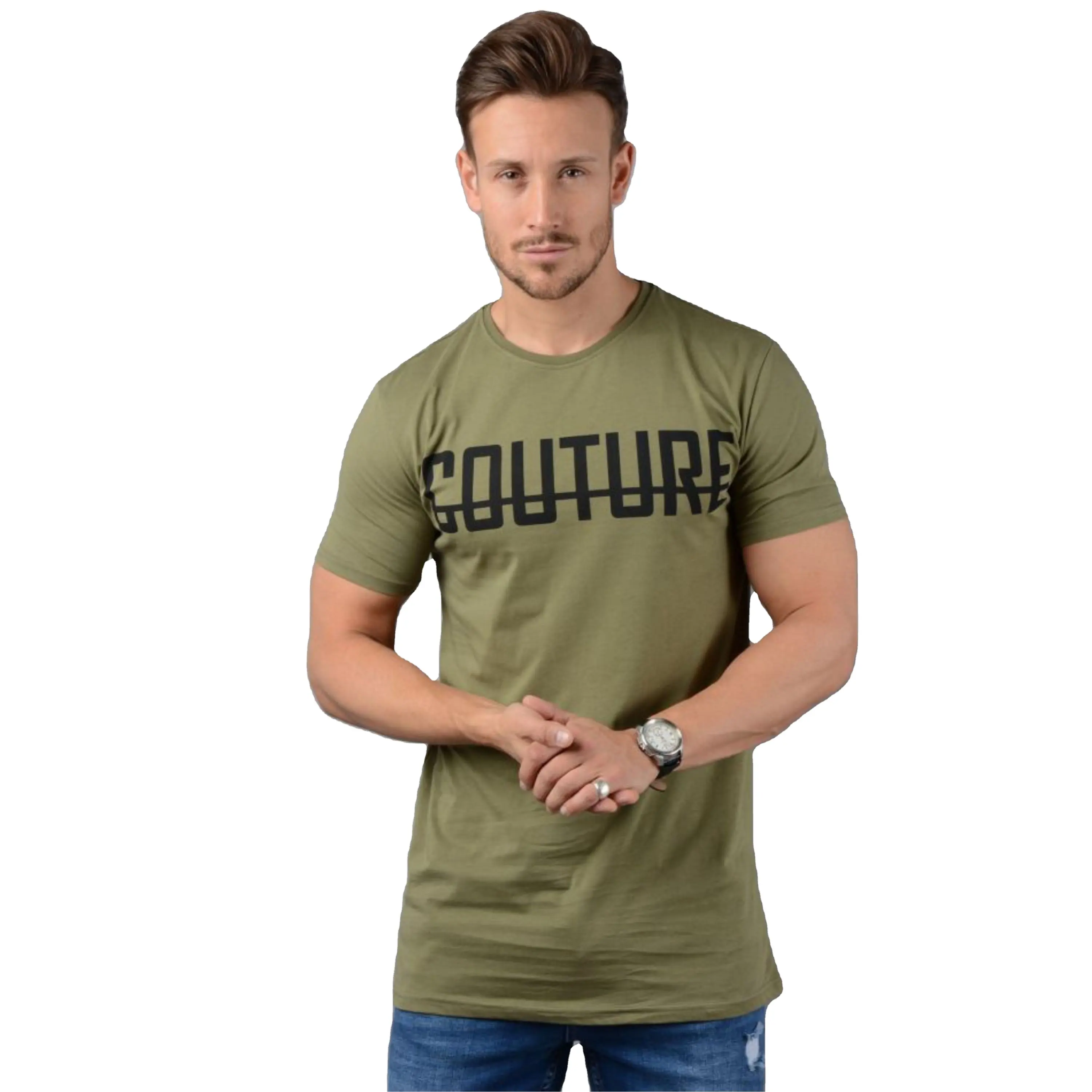 Groothandel Heren Mode Ademend Vlakte Longline T-shirt Kaki Groen T-shirt Fabriek Prijs Fabrikant