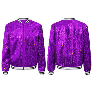 Latest Fashion Women's Custom Patch Work Sequin Zip <b>up</b> Ribbed Flexible Bottom Multi Pockets Glitter Partywear Bomber Jackets - Product Image 4