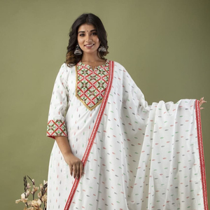 Conjunto de Kurta, Pantalones y Dupatta de Algodón Premium para Mujer, Estilo Étnico Indio, con Encaje Kagura y Estampado Sólido, Ideal para Fiestas y Festivales - Product Image 1