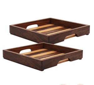 Bandeja de madera de acacia de 12 pulgadas hecha a mano azul Chatai con asas, Plato decorativo para servir para mesa de desayuno decorativa - Product Image 4