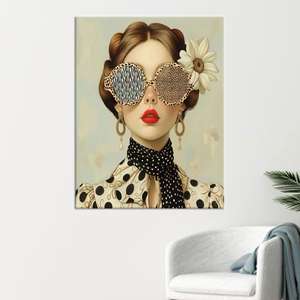 Portrait de mode rétro glamour : œuvre d'art sur toile imprimée avec des lunettes de soleil léopard et des lèvres rouges, toile encadrée - Product Image 1