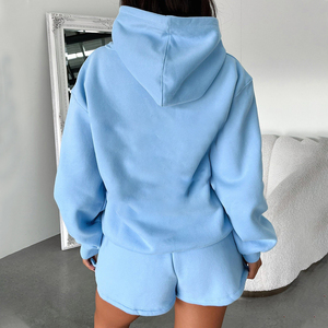 Conjunto personalizado de tallas grandes sólido ajustado Sudadera con capucha y pantalones cortos para mujer 100% algodón ropa deportiva chándal - Product Image 6