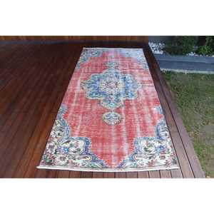 พรมตุรกีขนาด 3.9x8.7 ฟุต พรมวินเทจ พรมขนสัตว์ลายทางสีแดงน้ำเงิน - Product Image 1