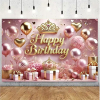 Décor de fête esthétique rose doré pour anniversaire, toile de fond avec couronne de princesse et guirlande de ballons pour photographie, en polyester lavable