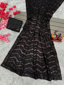 Meilleure vente en georgette douce belle broderie à double séquence avec bordure en dentelle Saree disponible au prix de gros - Product Image 4