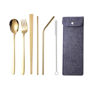 Ensemble de couverts en or pour voyage avec cuillère fourchette pailles réutilisables brosse et pochette de transport pour bureau camping et salle à manger couverts - Product Image 3
