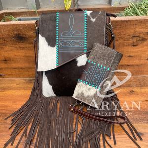 Western <b>Boot</b> Stitch Hair on Cowhide Leather <b>Fringe</b> Crossbody Bag & <b>Boot</b> Stitch Genuine Cow Leather Wristlet Wallet Combo Sets - Product Image 1