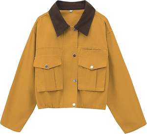 Veste utilitaire courte pour femmes en coton avec col contrasté, veste cargo décontractée, vêtements d'extérieur de style barn avec poches - Product Image 1