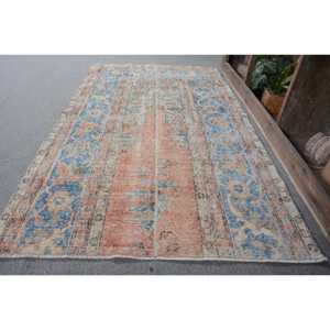 Alfombra turca vintage de 3.4x5.8 pies, alfombra de lana con diseño de plantas y árboles en azul y naranja - Product Image 2