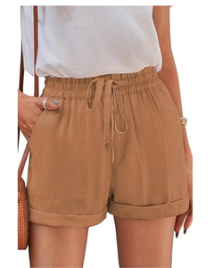 Pantalones cortos ligeros para mujer, pantalones cortos informales holgados a la moda, pantalones cortos cómodos con cordón de cintura elástica, 85% algodón, 15% poliéster, pantalones cortos - Product Image 1