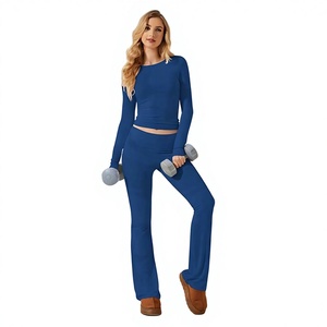 Custom Solid Breathable Elastic Waist Fitness Apparel Wholesale Workout Clothing Mid Waist 2-Piece Long Sleeve <b>Yoga</b> <b>Sets</b> - Product Image 1