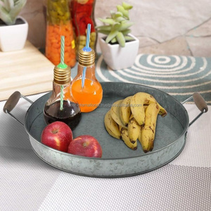Vintage Galvanized Steel <b>Round</b> <b>Serving</b> <b>Tray</b> with Wooden Handles Classic Style Disposable Fork Included Party Use - Product Image 4