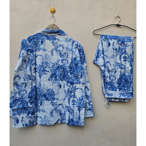 Conjunto de pijama de mujer azul y blanco con estampado floral elegante, tela de alta calidad, ajuste térmico relajado, cómodo, duradero, Verano - Product Image 5