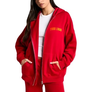 Wholesale Hot Selling Winter Knitted Custom Printed Oversize Zip Front Kangaroo Pocket Women's Hoodies Sweatshirts Drawstring - Product Image 1