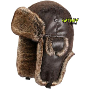 Chapeau d'aviateur en cuir pour homme, doublure en fourrure, rabat d'oreille, chapeau trappeur, coupe-vent, chaud, casquette de pilote, fournisseur pour les sports et les fêtes - Product Image 1