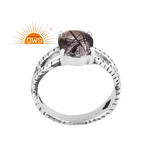 Hot Selling Oxidized Sterling Silver Natural Black Rutile Gemstone Split Band Ring Custom Jewelry For Women Gift For Her