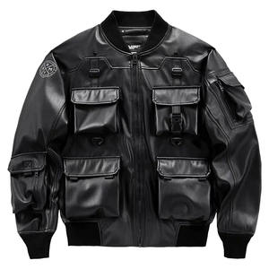 Chaqueta de cuero original lisa de alta calidad con logotipo personalizado impreso, chaqueta bomber de cuero con múltiples bolsillos para hombre - Product Image 1