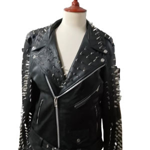 Chaqueta de Cuero con Tachuelas, Nueva, Lujosa y Moderna, Estilo Commando, Ajustada, Punk Rock, para Mujer, con Diamantes - Product Image 1