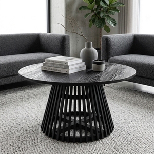 Modern Black Wood <b>Round</b> Coffee <b>Table</b> Slatted Tapered Cage Base Wooden Center Side <b>Table</b> <b>Patio</b> Living Room Setup Art Design - Product Image 5