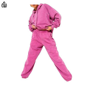 Survêtement court solide de haute qualité pour femmes en gros Logo personnalisé 100% coton délavé à l'acide ensemble pantalon de survêtement à capuche - Product Image 1