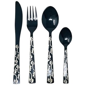 Ensemble de 4 couverts en acier inoxydable Fourchette Couteau Cuillère Utilisé dans les ustensiles de cuisine Table Maison Couverts plaqués couleur argent Poignée de couleur verte - Product Image 4