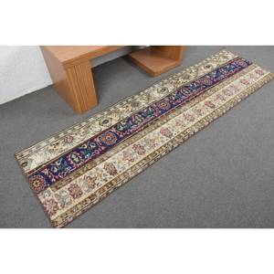 Alfombra clásica turca Kilim, diseño de retazos Beige y azul, 2,2x8,3 pies, Material de lana de tejido plano hecho a mano con respaldo de látex - Product Image 2