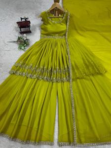 Traje Sharara con Hilo de Secuencia Foux Gorgette y Color Verde Secuencia - Product Image 4