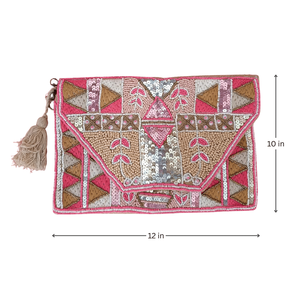 Bolso de Mano Geométrico Bohemio de Lujo Rivara para Mujer, con Cuentas Hechas a Mano, Forro de Seda, Bordado, Pedrería, Cadena de Perlas y Lazo de Piel - Product Image 2