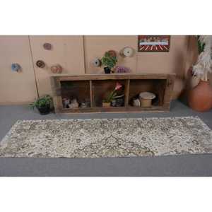2.7x9.1 ft Rug, Vintage Turkish Rug, <b>Brown</b> Gray Polka dot <b>Wool</b> Rug - Product Image 4