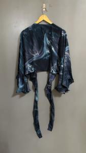 Elegant <b>Women's</b> Pure Silk Wrap Tie Top Hot Sale Summer Crop Top with Deep V Long Bell Sleeve Sexy Style - Product Image 4